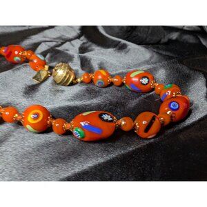Handcrafted Vintage Orange Venetian Murano-style Millefiori Glass Bead Necklace